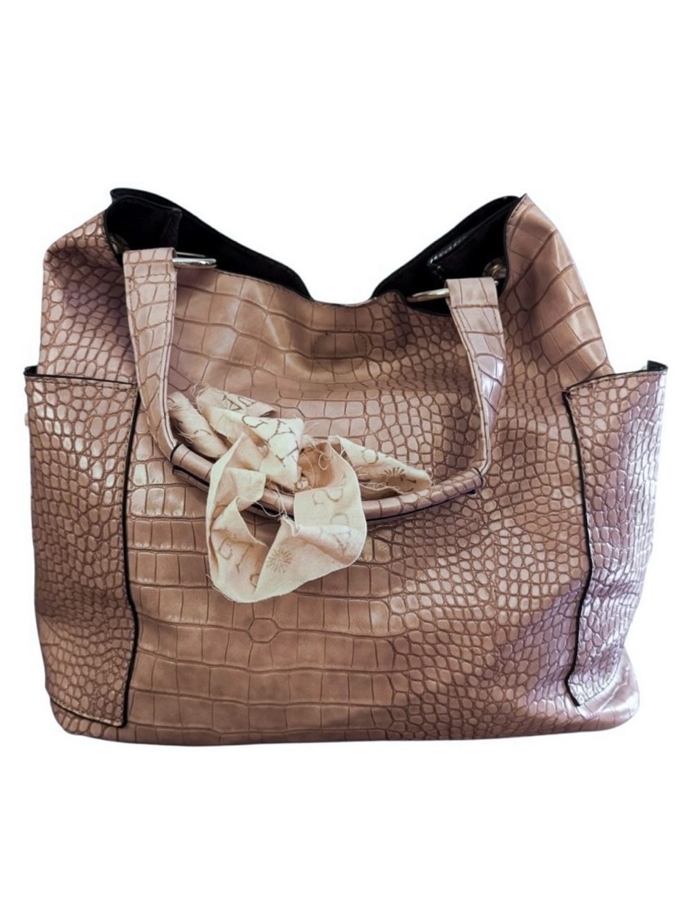 Large Mauve Slouch Crocodile Print Side Zippers Hold Everything Tote Bag Purse